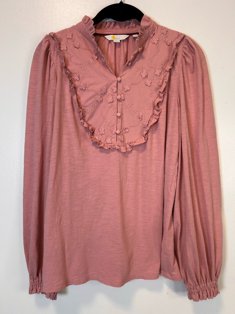 Boden Rose Pink Woven Mix Ruffle-Bib Long Sleeve Top Women’s Size 8 Medium‎